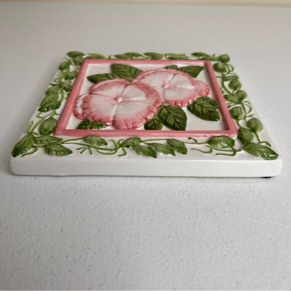 Vintage Treasure Craft Pink Green Floral Trivet Decor Wall Art Ceramic Tile - Picture 3 of 14